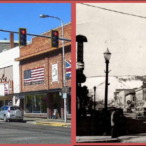 Comparison between a historic photograph of the Granada Theater in downtown La Grande and its present-day appearance on Adams Avenue.