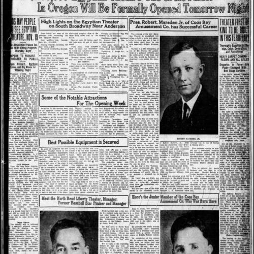 Newspaper clipping of an article from the Coos Bay Times in November 18,1925. This article explains the Ancient Egyptian theme, the owners, and its first showing of the 1925 film “Graustark”