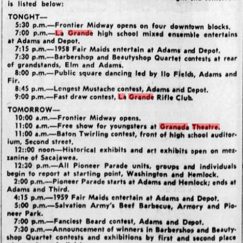 Pioneer Pow Wow event schedule published in the La Grande Evening Observer (1959).