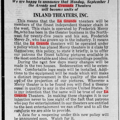 Newspaper announcement from 1930 reporting that the Arcade and Granada theaters became part of Inland Theaters, Inc.