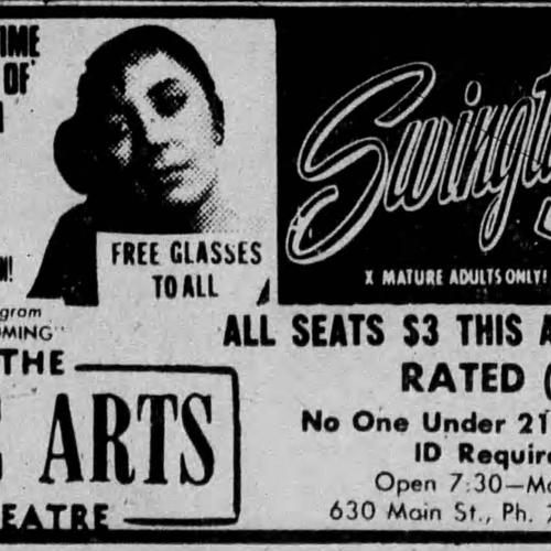 A newspaper clipping from The Register-Guard advertising The Fine Arts Theatre's showing of "Swingtail" in 3D.