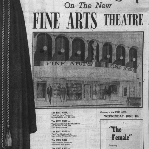 A newspaper clipping from The Register-Guard advertising the opening of the Fine Arts Theatre.