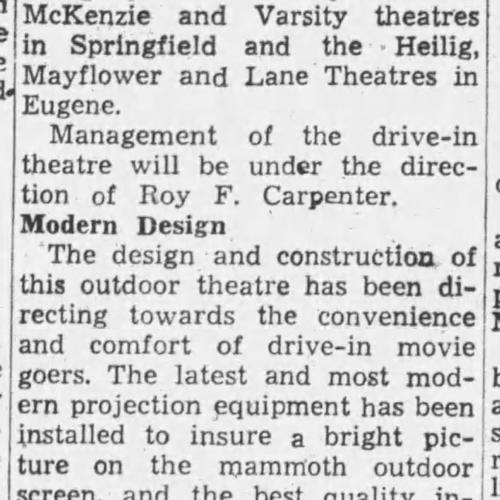 A newspaper clipping from The Register-Guard describing the construction of the Cascade Drive-In Theatre.