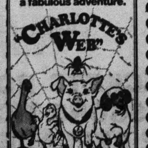 A newspaper clipping from The Register-Guard advertising The Fine Arts Theatre's family matinee showing of "Charlotte's Web".