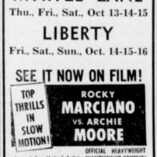 Ad for Showing of Marciano v. Moore Boxing Match at Myrtle Lane Drive-IN