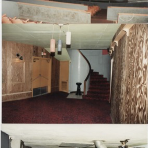 Three photos showing the original theatre, entryway, and projection booth of the Times Theatre