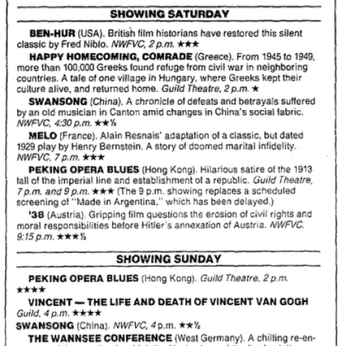 The showing list for the Guild theater