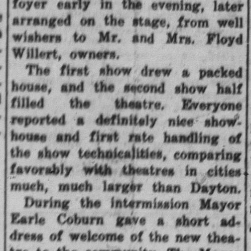 News article about the opening of the Dayton Theatre, Oct. 1948