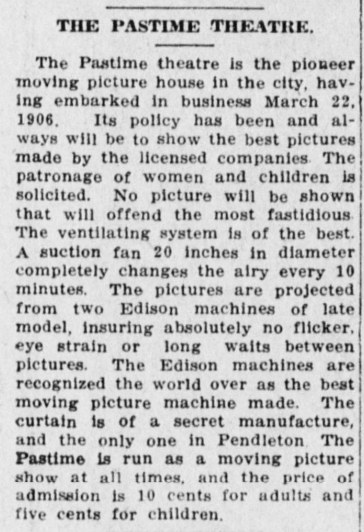 Pastime theater ad, 1913