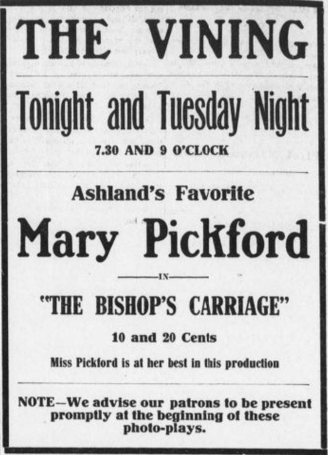 Advertisement for the Vining theater showcasing a film containing famed actress Mary Pickford
