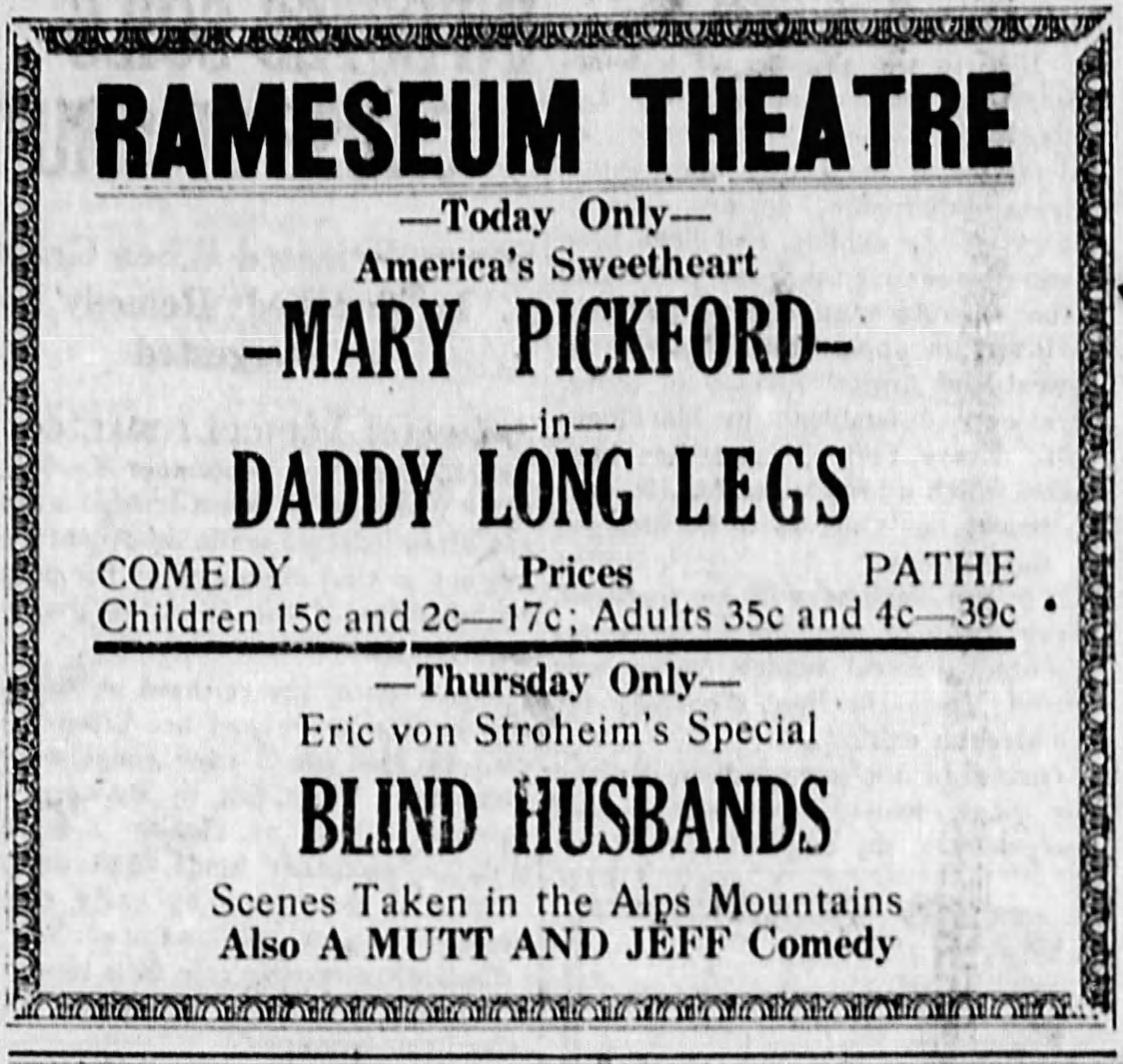 Rameseum theater ad, 1920
