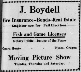 Nyssa Opera House ad, Nov. 20, 1914