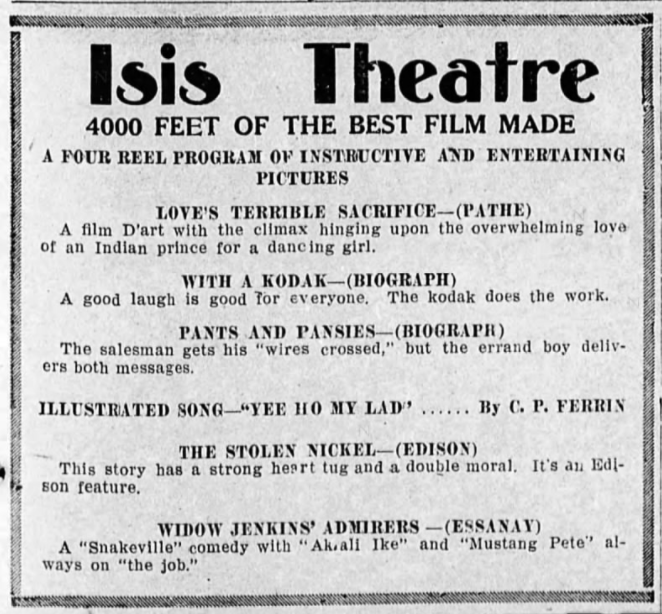 Program at the Isis theater, 1912