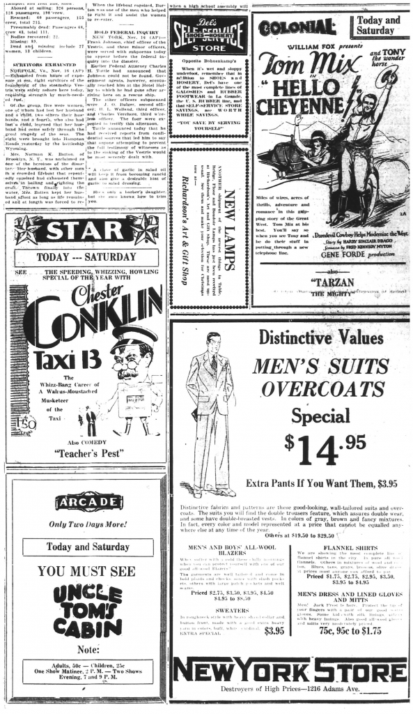 La Grande theater ads next to each other, 1928