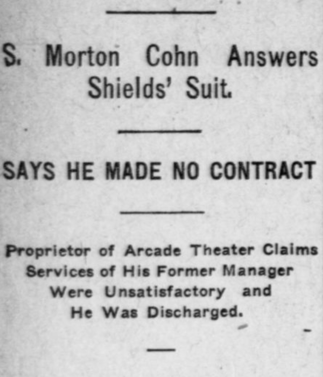 Headline of article about S. Morton Cohn's lawsuit by Edward Shields