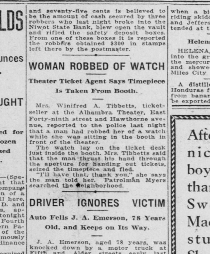 "Woman Robbed of Watch," Morning Oregonian, 21 Dec, 1916.