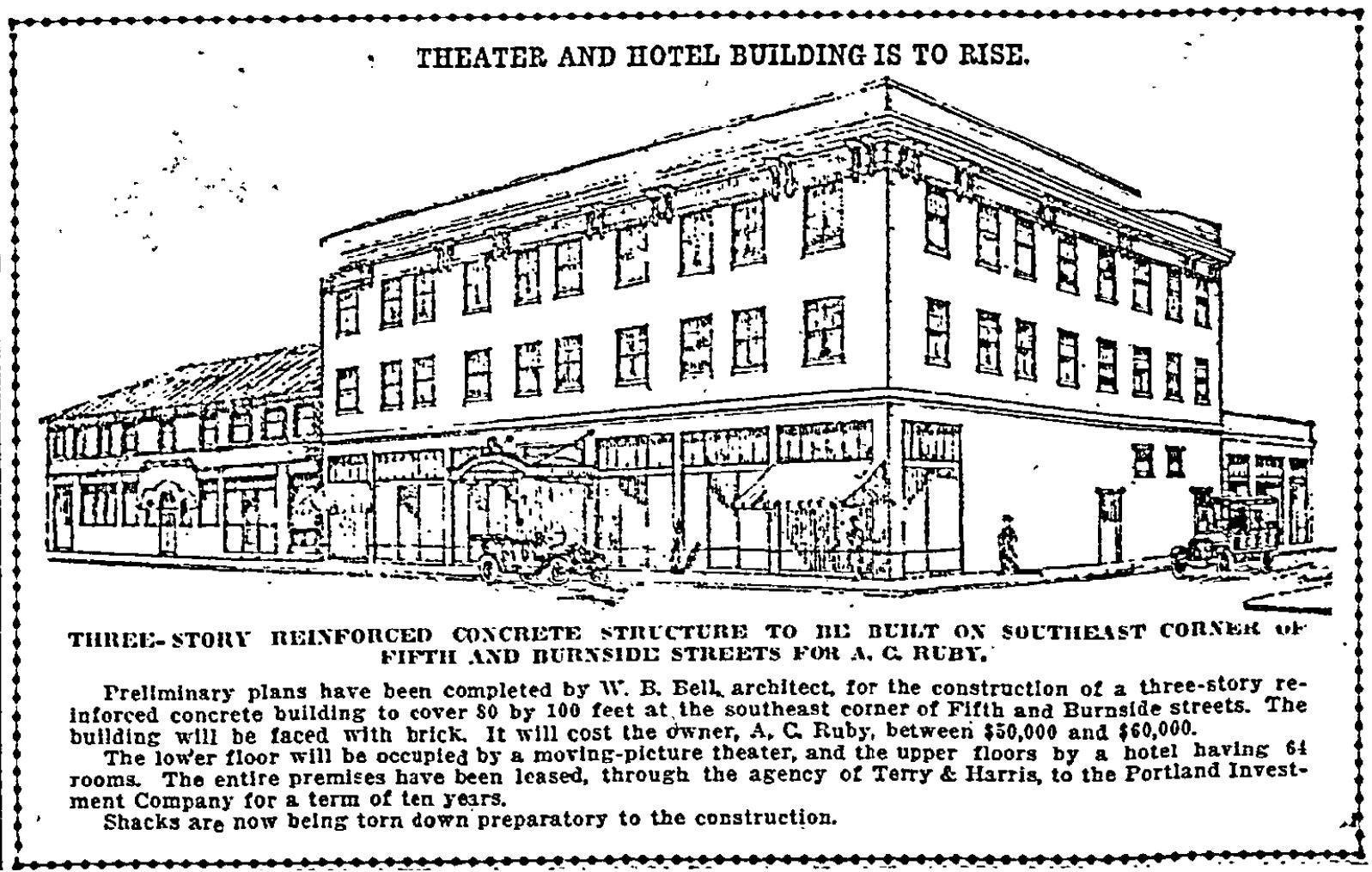 Concept drawing for the A.C. Ruby building, in construction during 1914, which would house the Burnside Theater