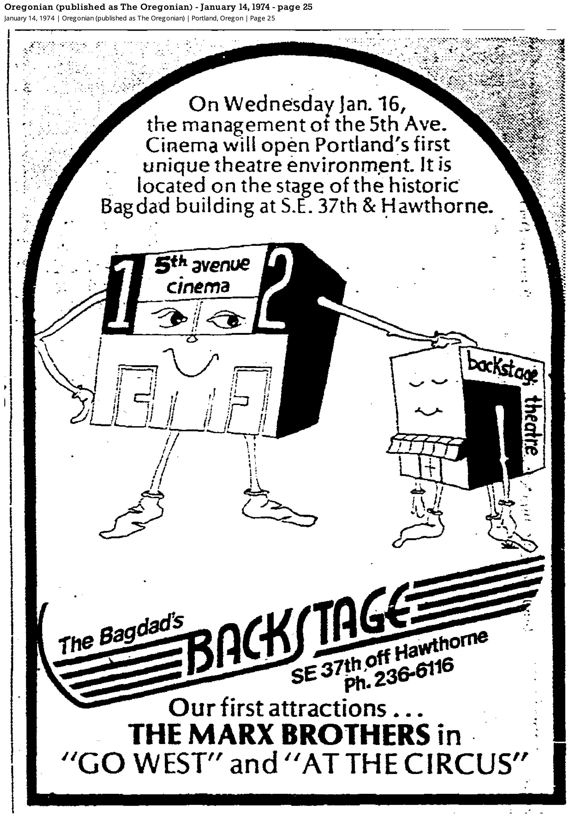 newspaper clipping of an advertisement for the opening of the backstage theater