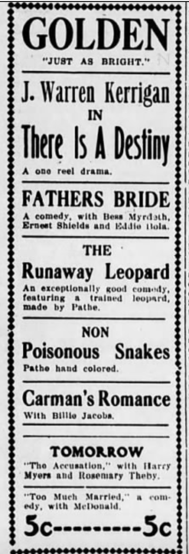 Golden theater ad, 1914