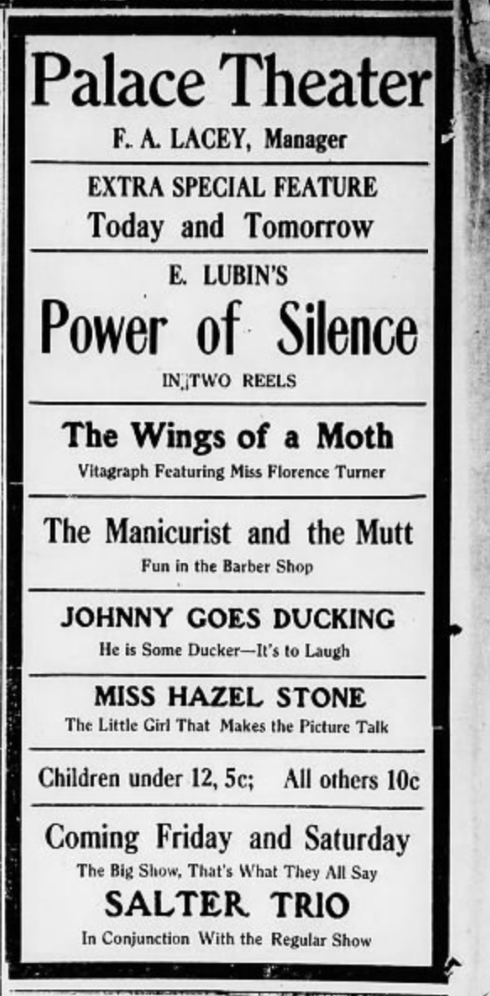 Palace theater ad, 1913