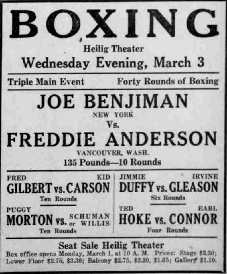 Large newspaper advertisement for boxing matches at the Heilig Theater