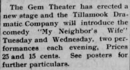 A newspaper clipping noting that the Gem has erected a stage and will have a comedy show playing