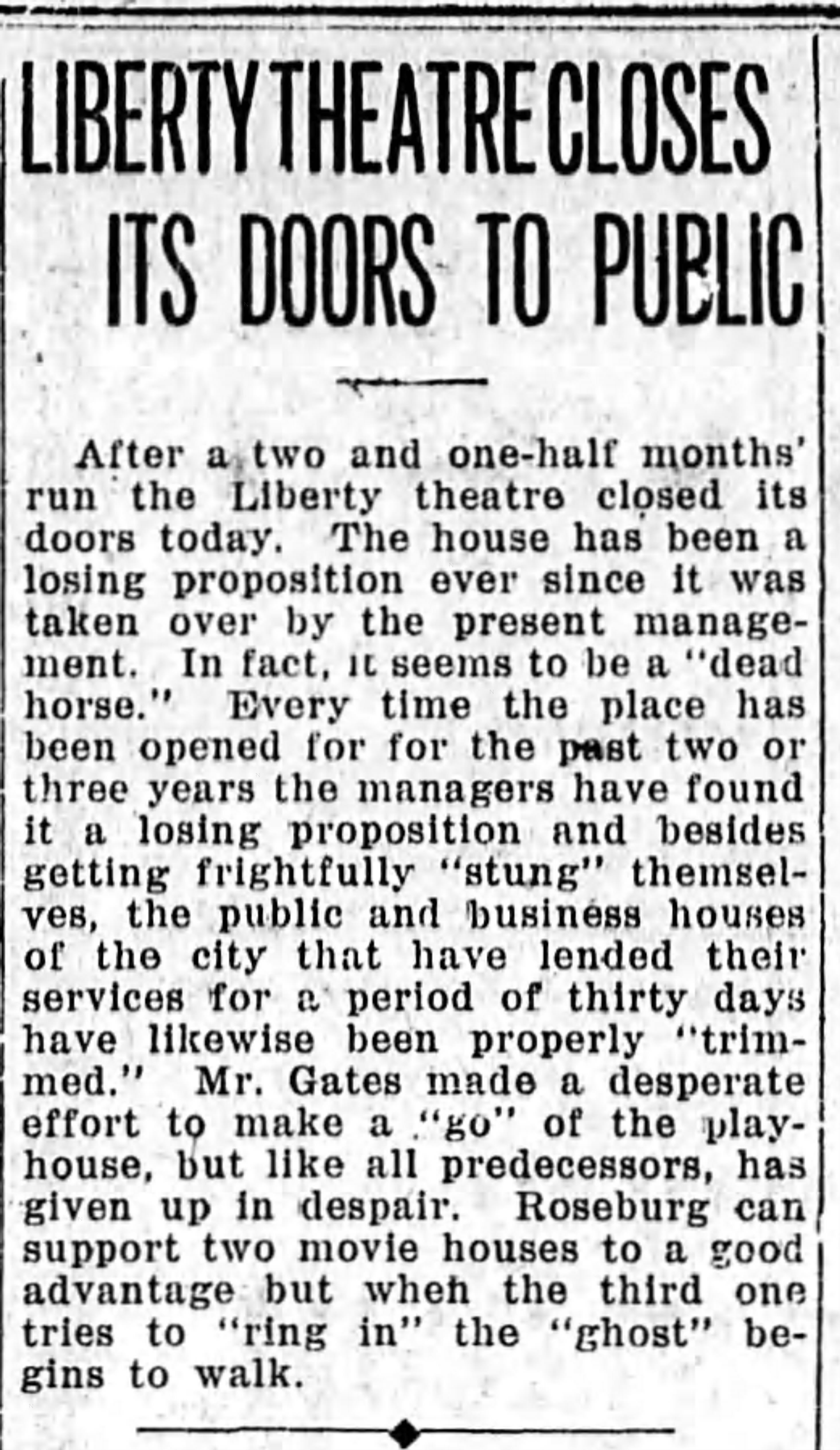 Liberty theater closes, 1919