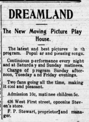 Dreamland theater ad about fans, 1908