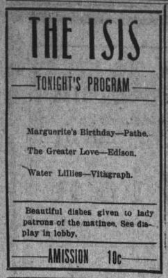 First advertisement for the Isis theater, 1910