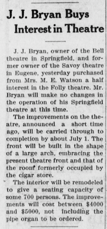 Folly theater news item, Lane County News, 1915
