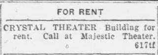 Crystal Theater for rent, 1922