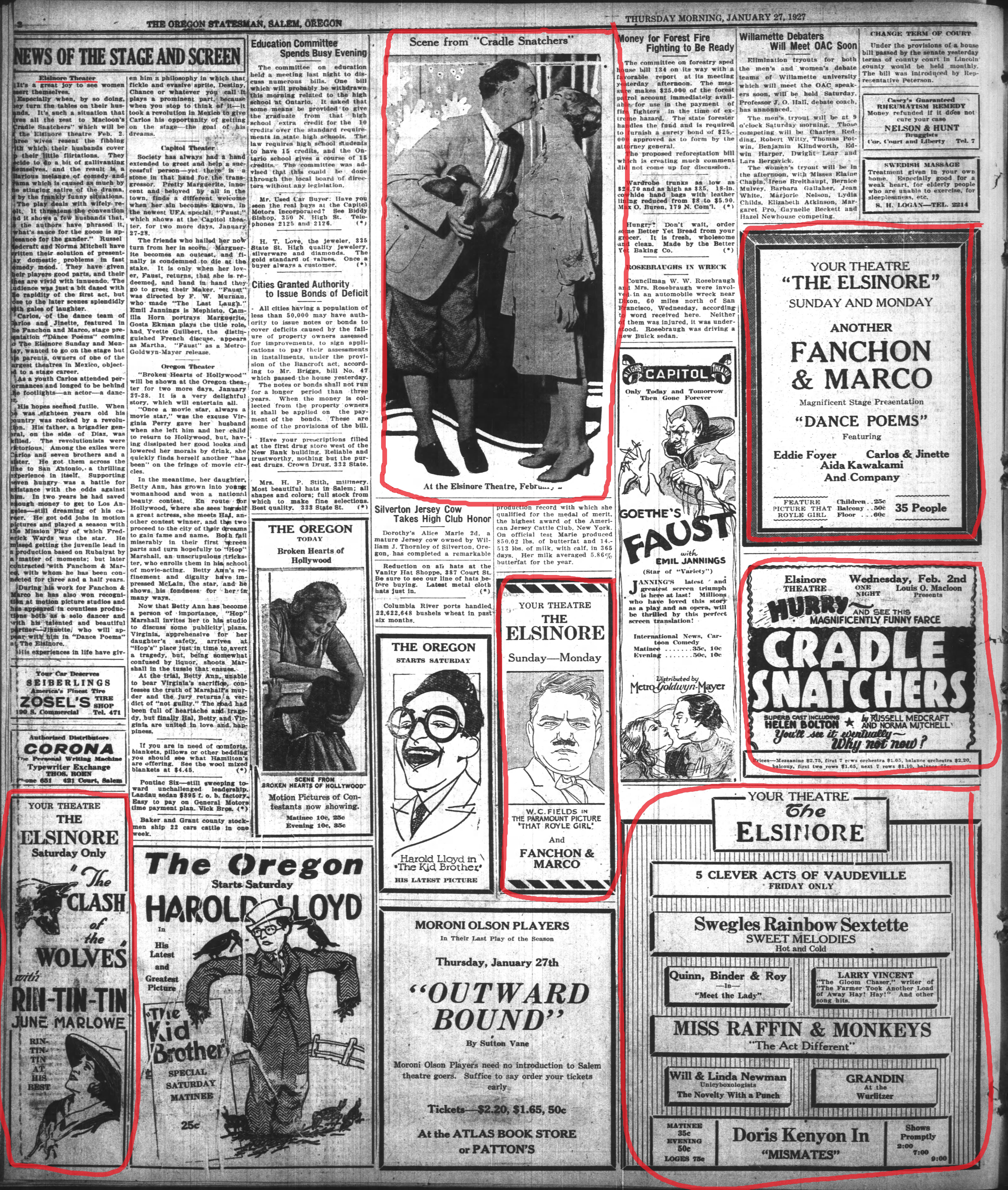 Full page newspaper spread of Elsinore advertisements, 1927