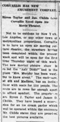 Airdome is new theater in Corvallis, 1916