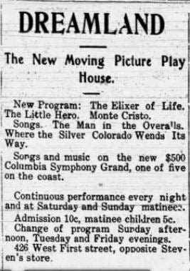 Dreamland theater news item, 1908
