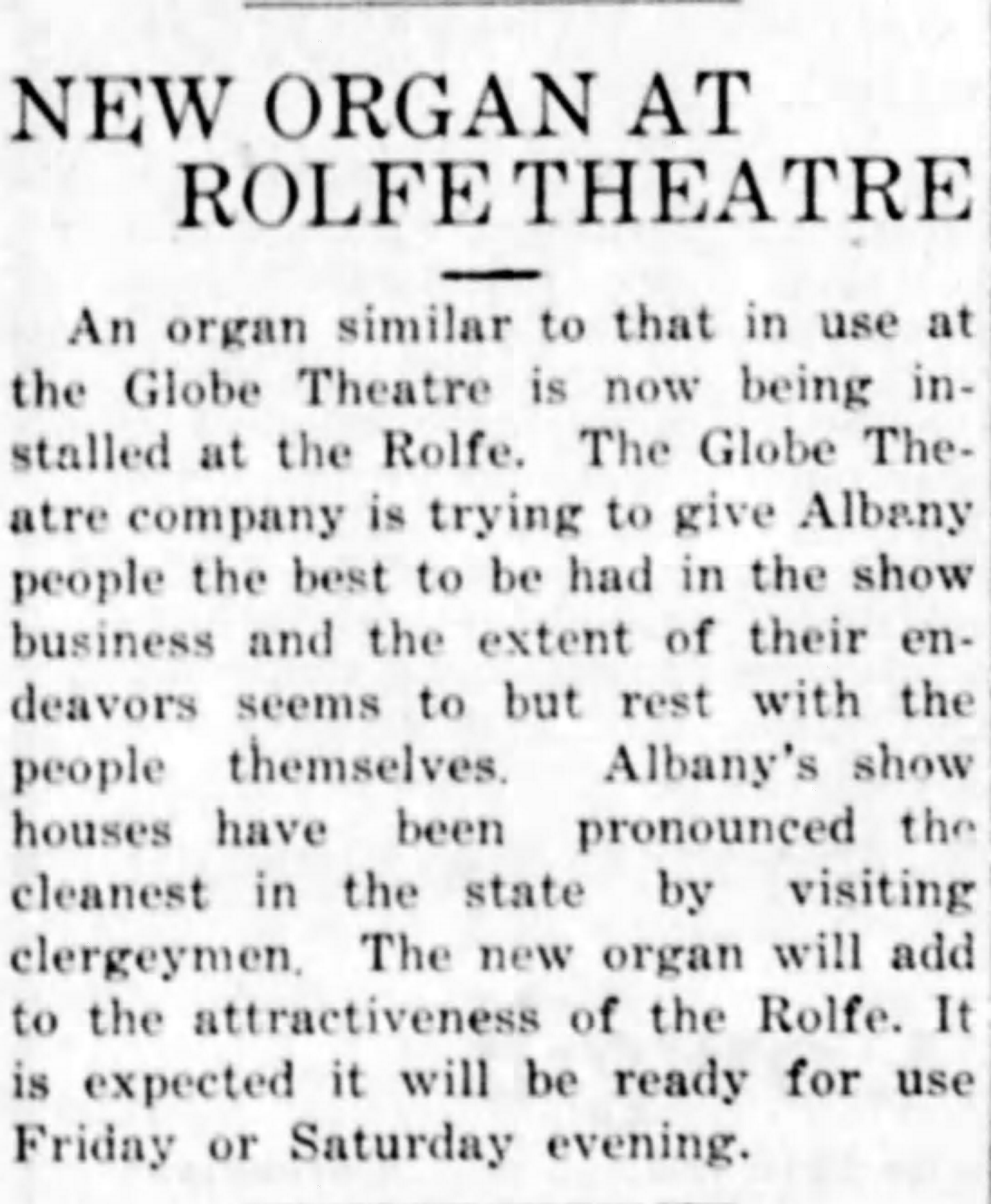 Rolfe theater news item, 1920