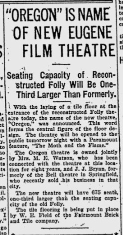 Folly reopens as Oregon theater, 1915