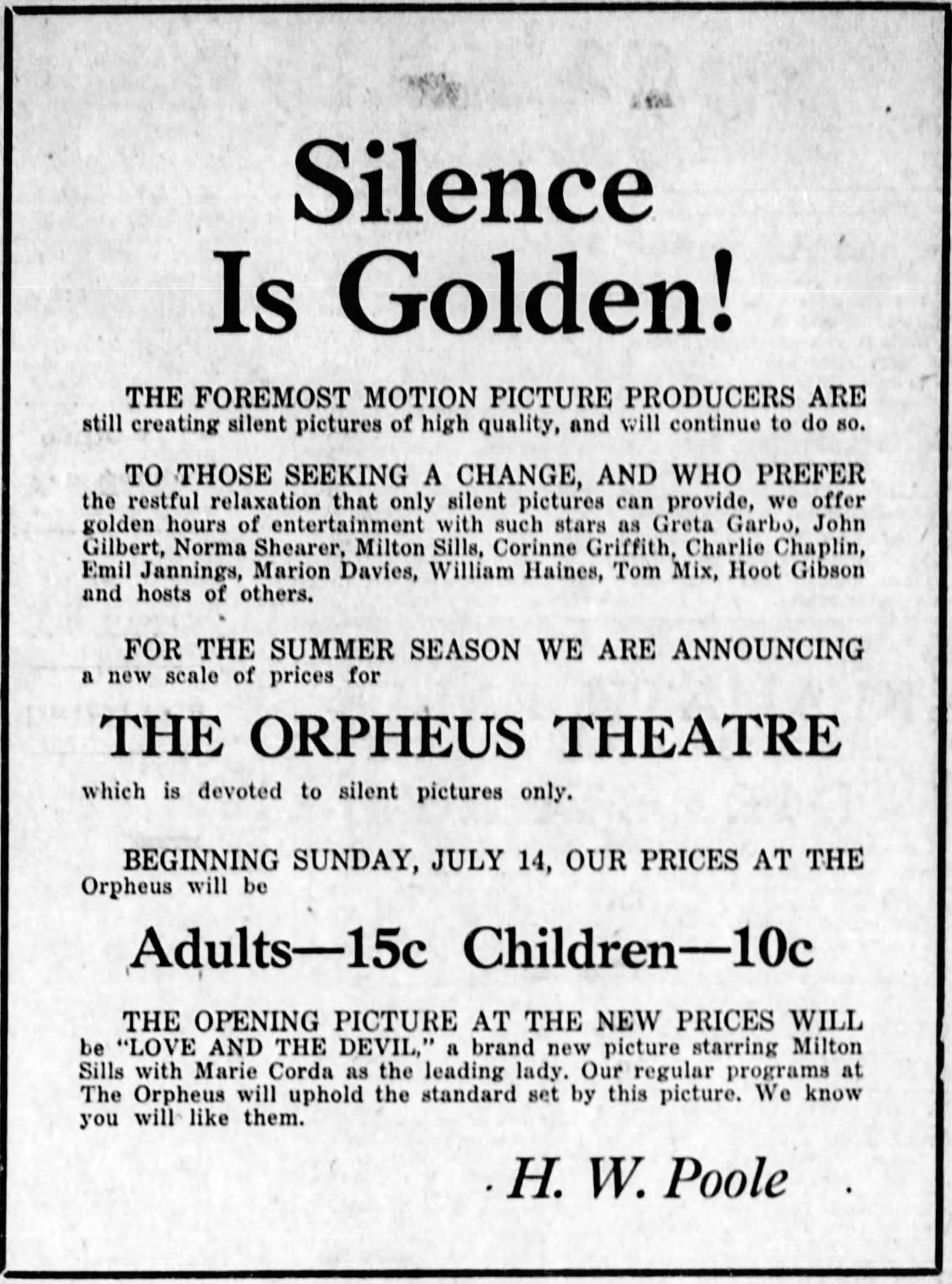 Silent films at the Orpheus, 1929