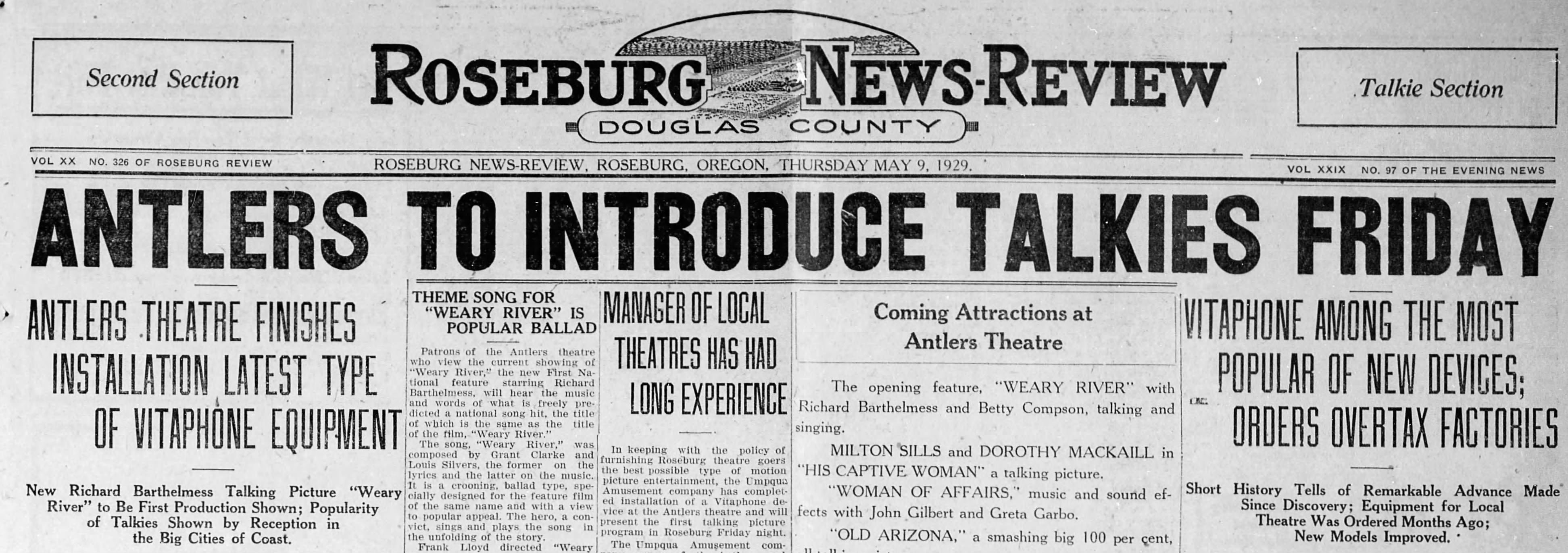 Sound comes to Antlers theater, 1929