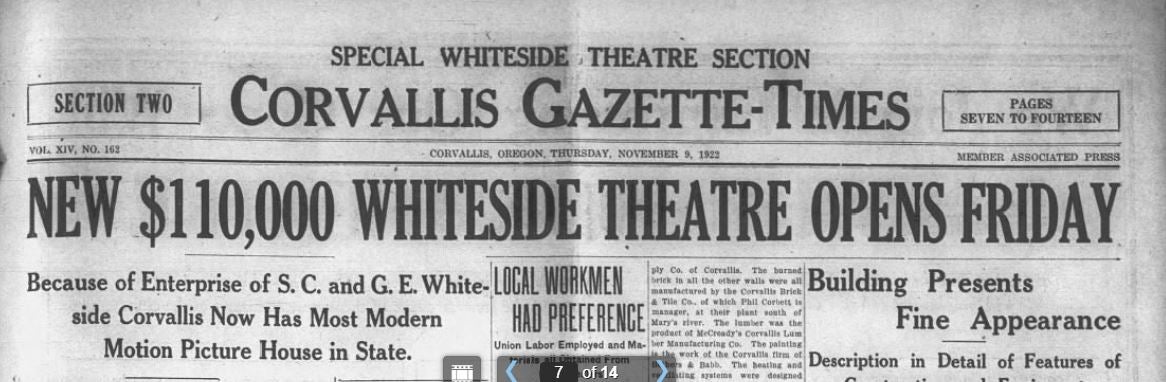 Headlines for a special section of the newspaper on the new Whiteside Theatre, 1922