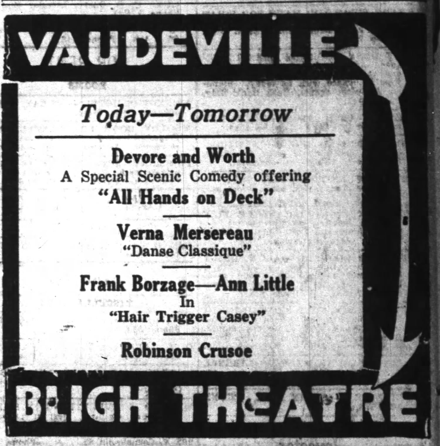 Variety programming at the Bligh, 1922