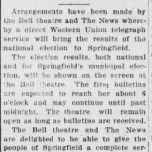 Election returns at the Bell Theatre, Springfield, Oct. 21, 1920