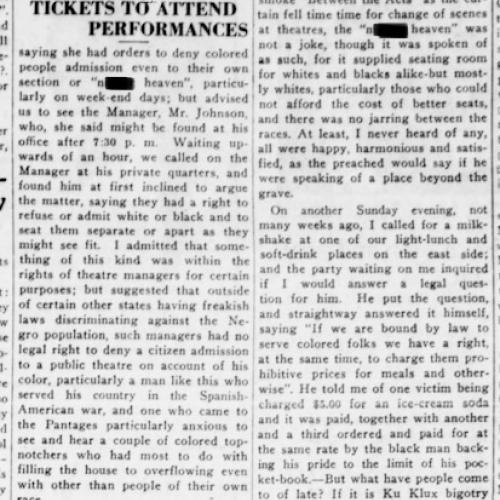 An image of the article "Citizen Refused Tickets to Attend Performances", The Advocate, Aug. 24, 1929, p. 3. Historic Oregon Newspapers