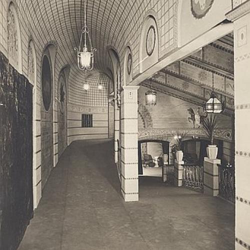 Photograph of a hallway in the Bagdad theater showing the arabian style of the theater