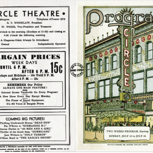 A colored advertisement listing the top films showcased at that time.