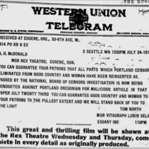 Rex Theatre advertisement in the Eugene Guard, 1916