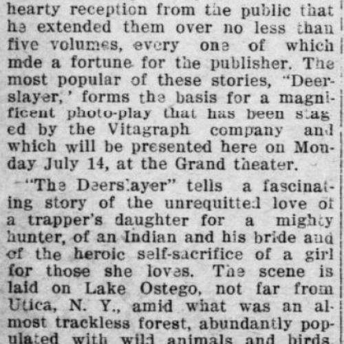 An article from the Morning Enterprise, an Oregon City newspaper, that describes the success of D.W. Griffith's adaptation of James Fenimore Cooper's quintet of novels about Native Americans and American History. 