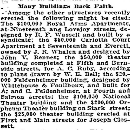 Description of the buildings erected in 1914, including the building containing the Burnside Theater
