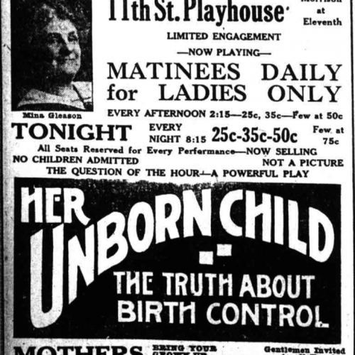 Ad for a play about birth control, women only, no children