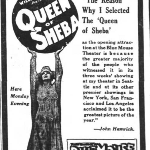 Advertisement for the Blue Mouse's opening show of "Queen of Sheba"