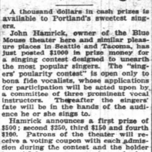 An article announcing a contest being held at the Blue Mouse theater for the best singer